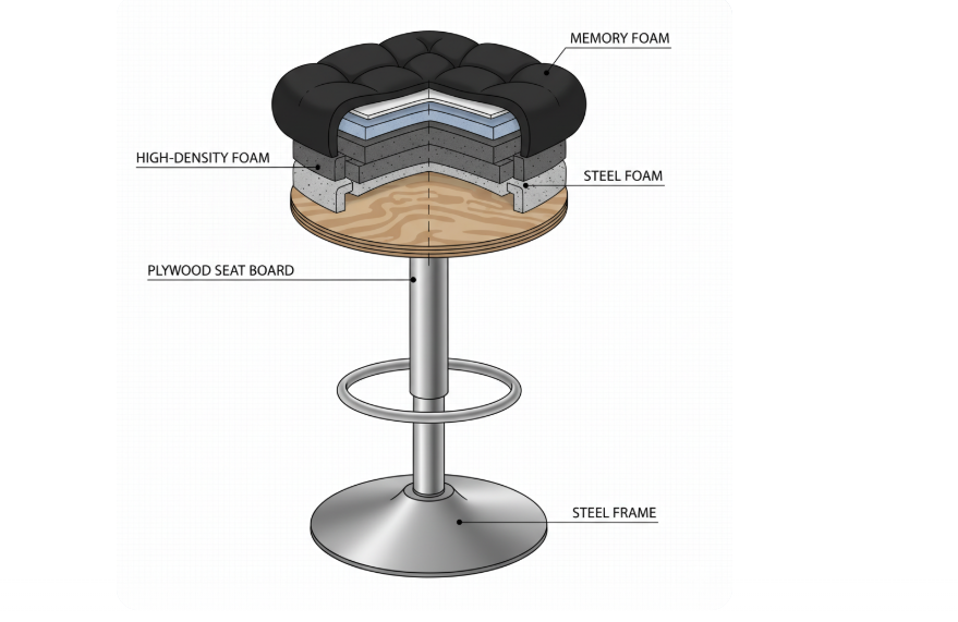 a detailed cutaway view of a bar stool showing the layers of high-density foam, the plywood seat board, and the steel frame