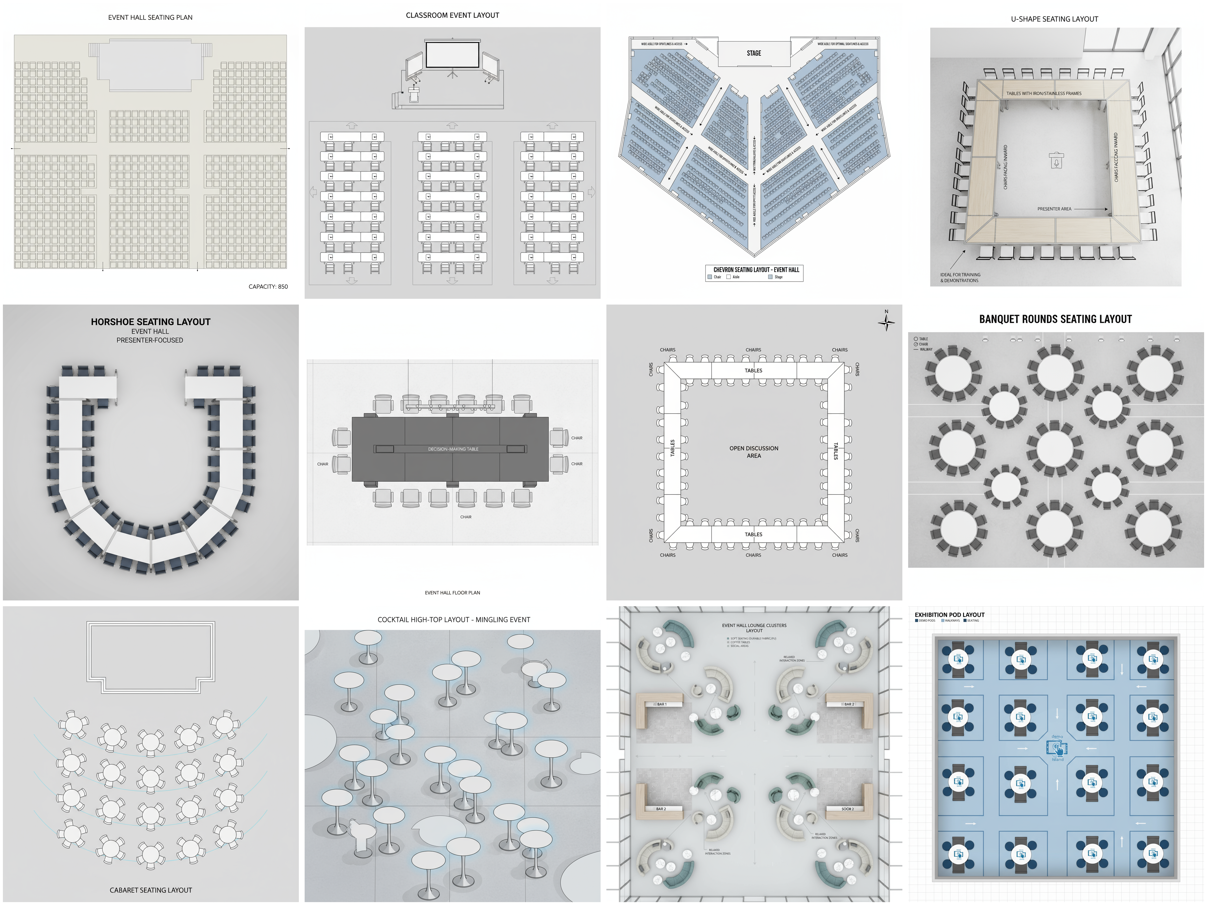 diagram showing 12 event seating patterns