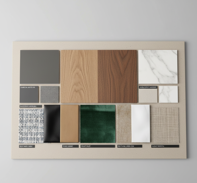 material board with laminates, fabrics, PU