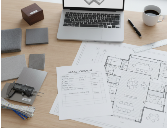 checklist and CAD layout on a desk with material samples