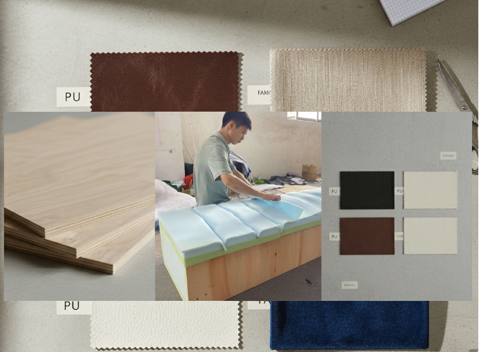 materials board: plywood, foam blocks, PU swatches