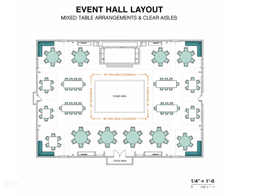 event hall with mixed table layouts and clear aisles