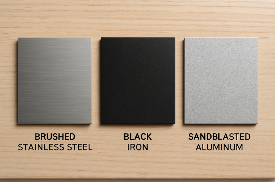 finish board with brushed stainless, black iron, and sandblasted aluminum