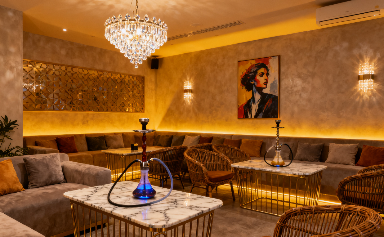 a stylish hookah lounge interior with comfortable seating, showing an example of a cost-effective yet premium setup