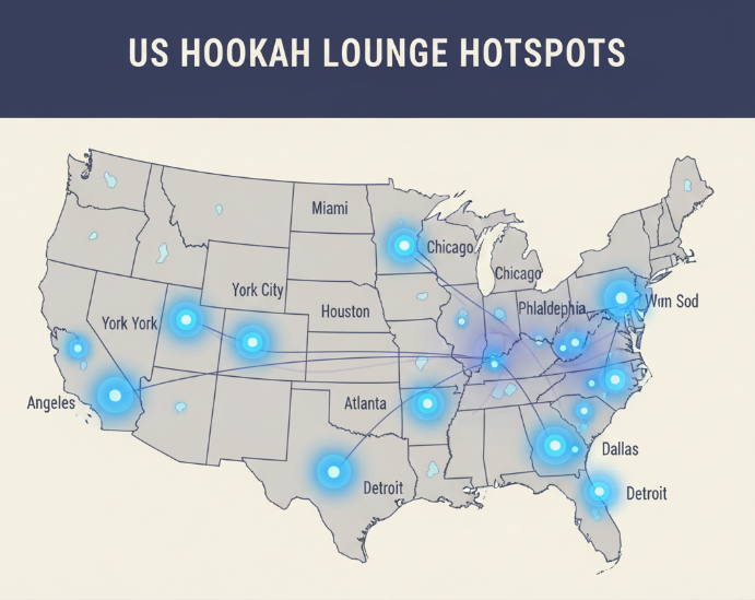 a map of the US highlighting major cities with a high concentration of hookah lounges