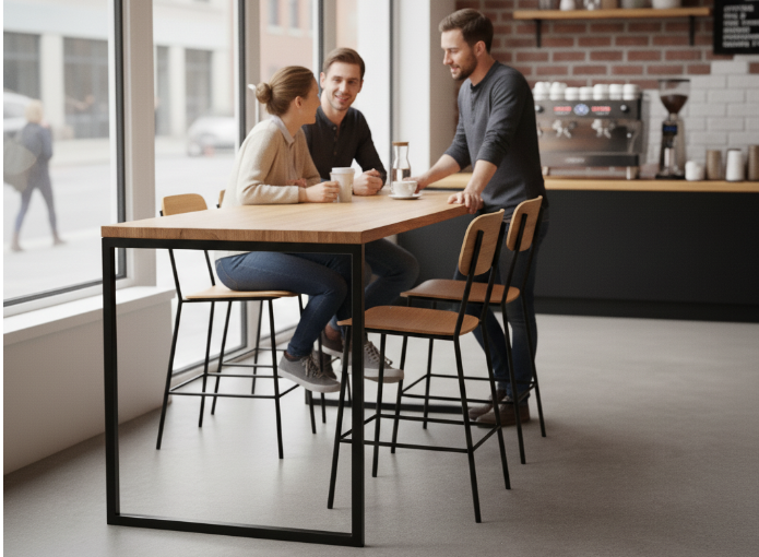 counter height dining table with stools in a lively cafe