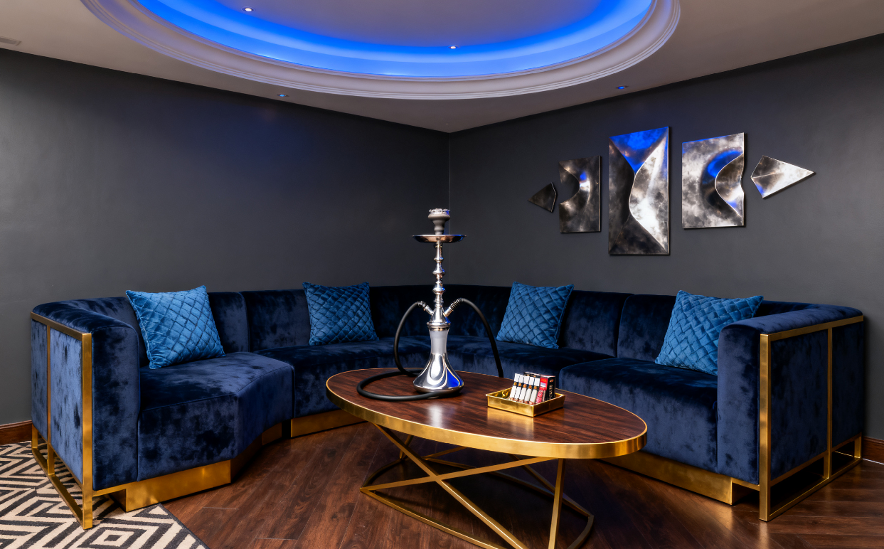 a modern and inviting hookah lounge with plush, custom-made modular sofas and stylish coffee tables