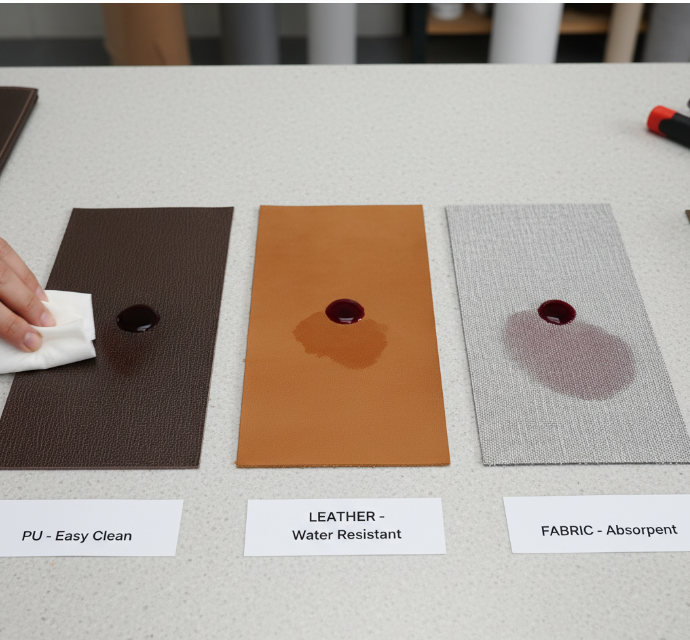 PU, leather, fabric swatches with wipe test