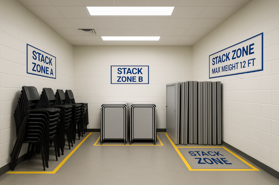 storage room with labeled stack zones