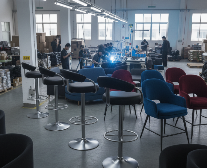 factory floor with stainless frames, upholstery line, and QC