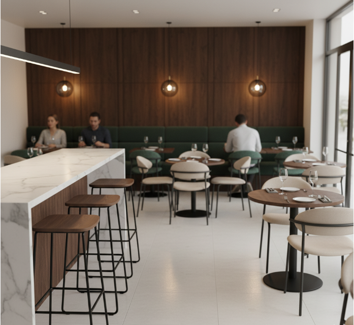 restaurant seating variety with booths, chairs, and bar stools