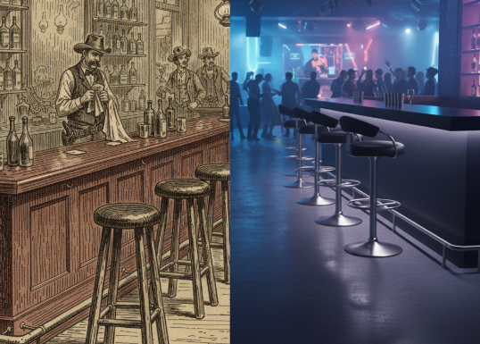 A split image showing a rustic tavern on one side and a modern nightclub with LED lights on the other
