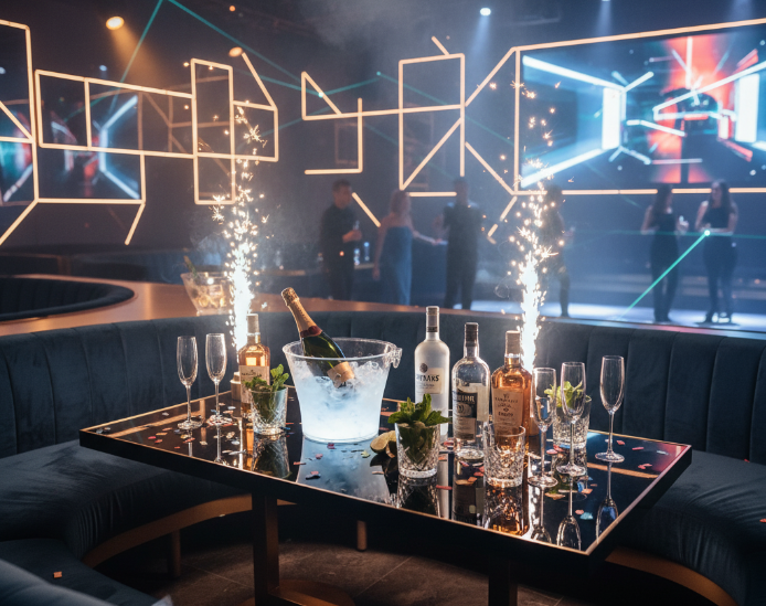 a VIP table in a nightclub with premium bottle service set up