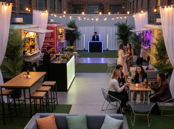 pop-up party with portable bar and rental furniture