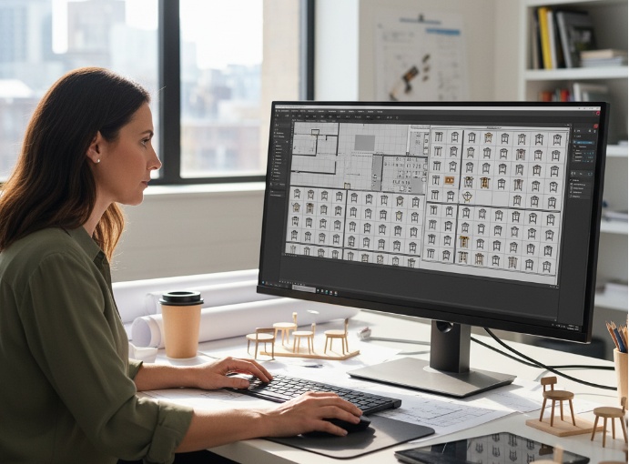 architect using cafe table CAD blocks in a restaurant layout