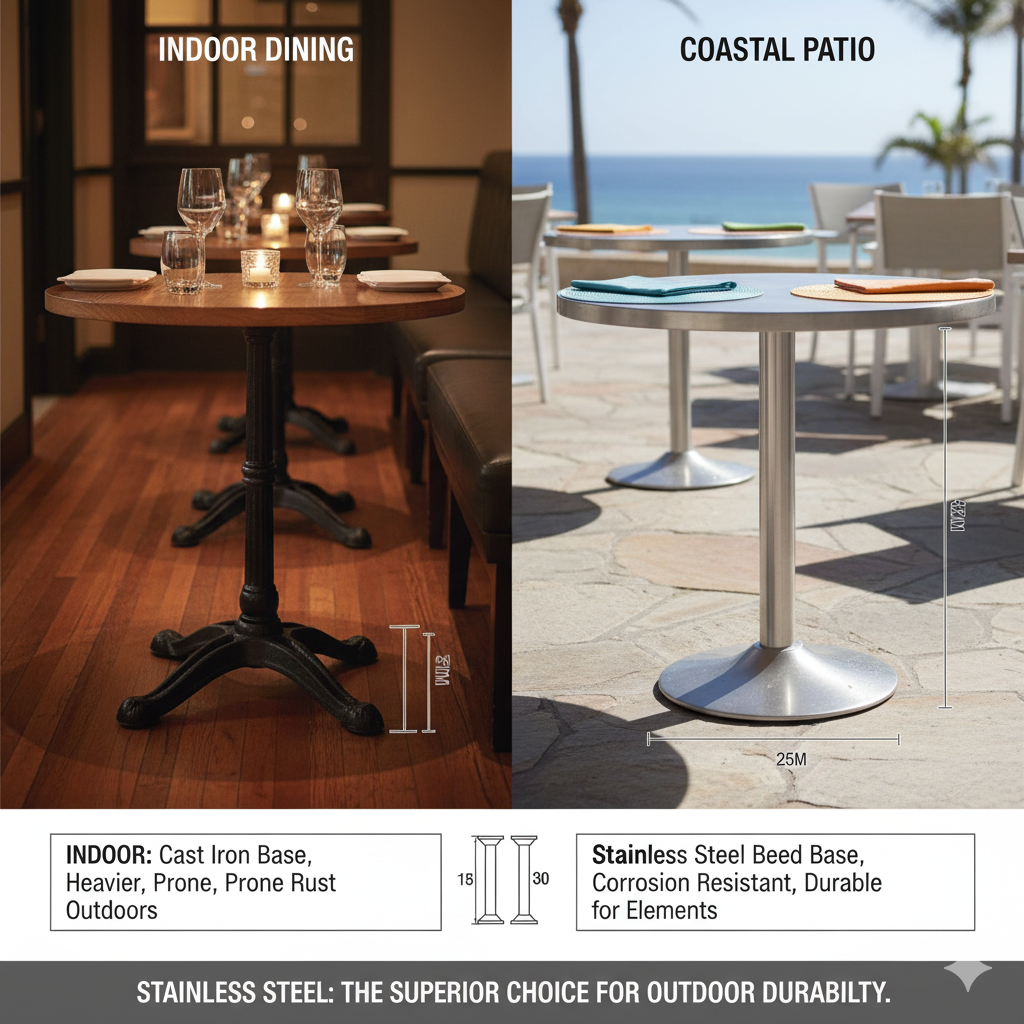 split view of indoor dining vs coastal patio stainless bases