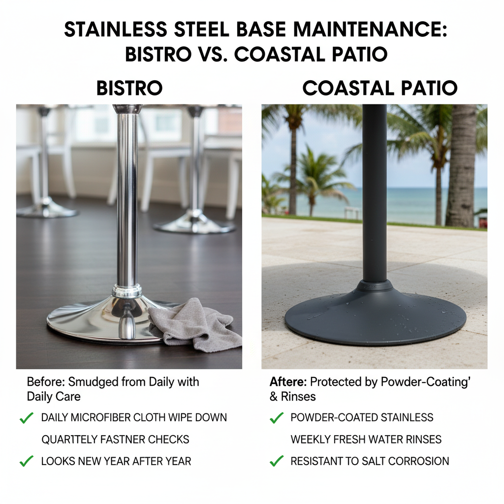 before-after of stainless bases in bistro and coastal patio