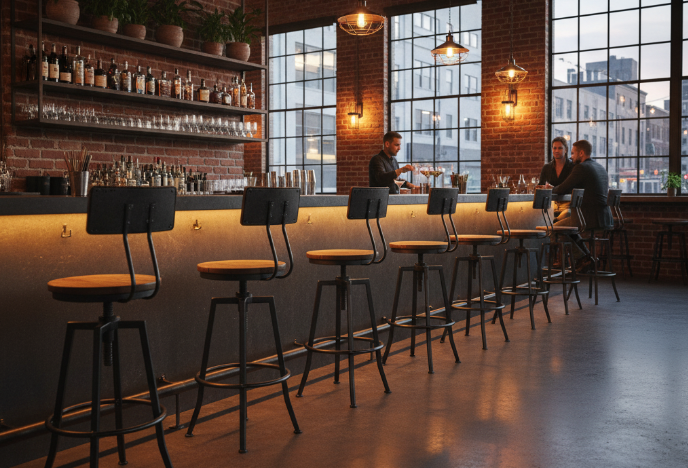 industrial style metal bar stools at a long counter