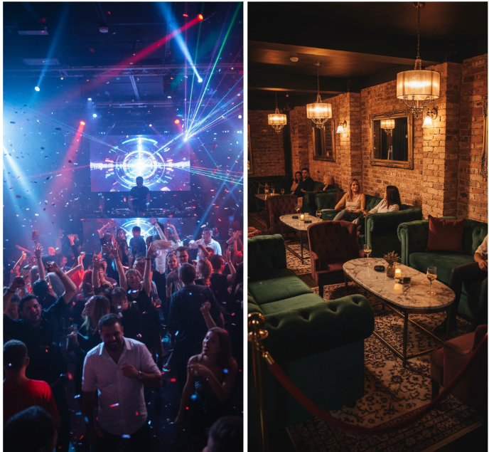 a split image showing a high-energy nightclub dance floor on one side and a plush, intimate lounge on the other