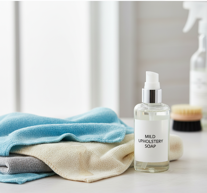 microfiber cloths and a small bottle of mild soap