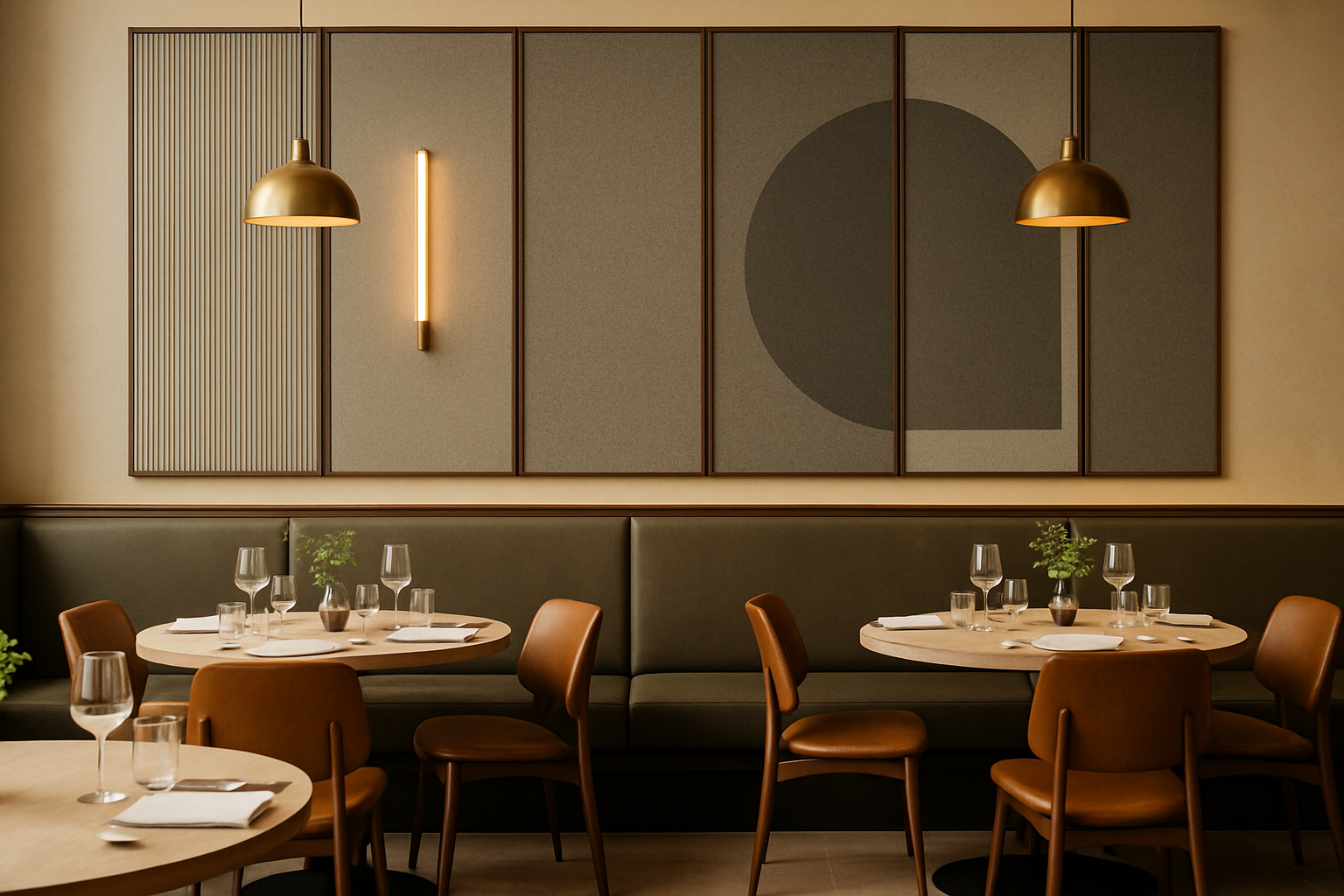 acoustic panels integrated into a restaurant's wall decor to absorb sound