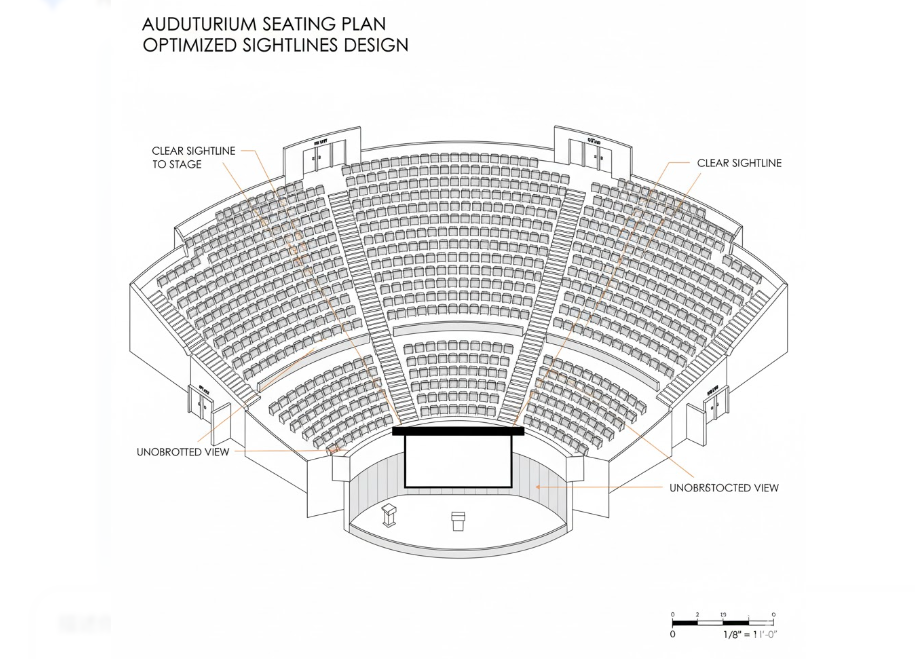 audience with clear sightlines toward stage