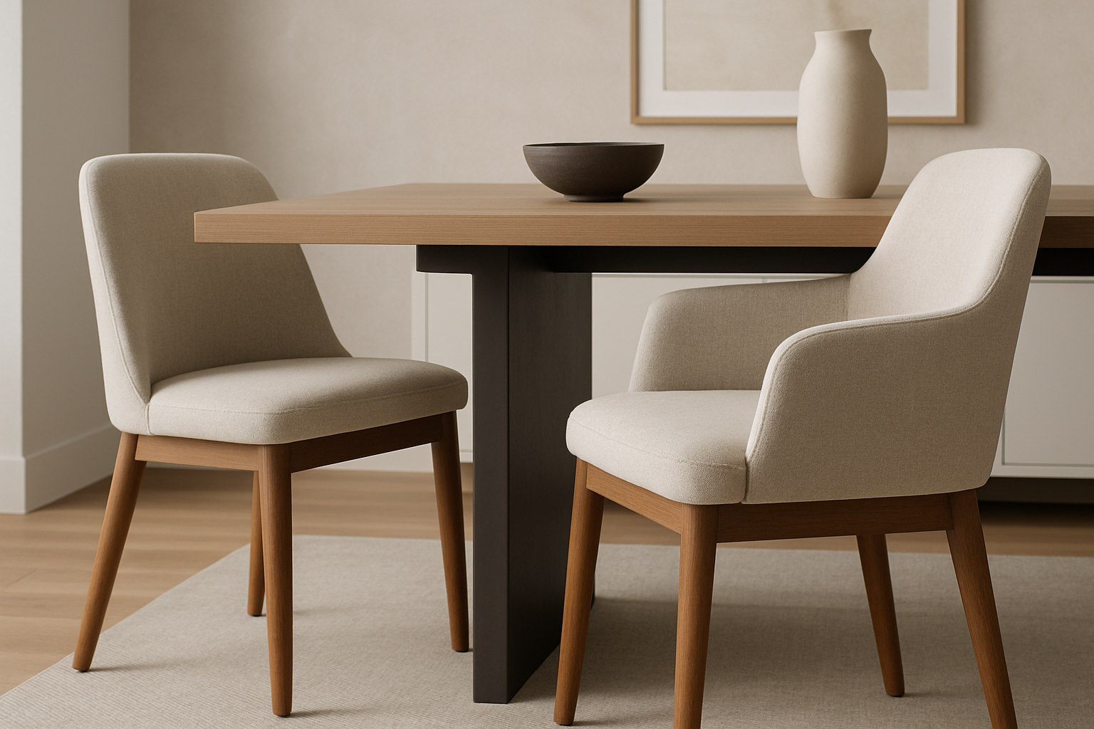 close-up of armless and arm dining chairs tucked under a table