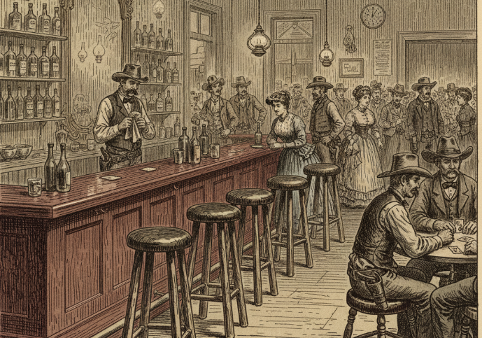 A vintage-style illustration of a 19th-century saloon with early bar stools