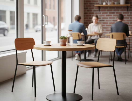 round cafe table at standard dining height with two chairs