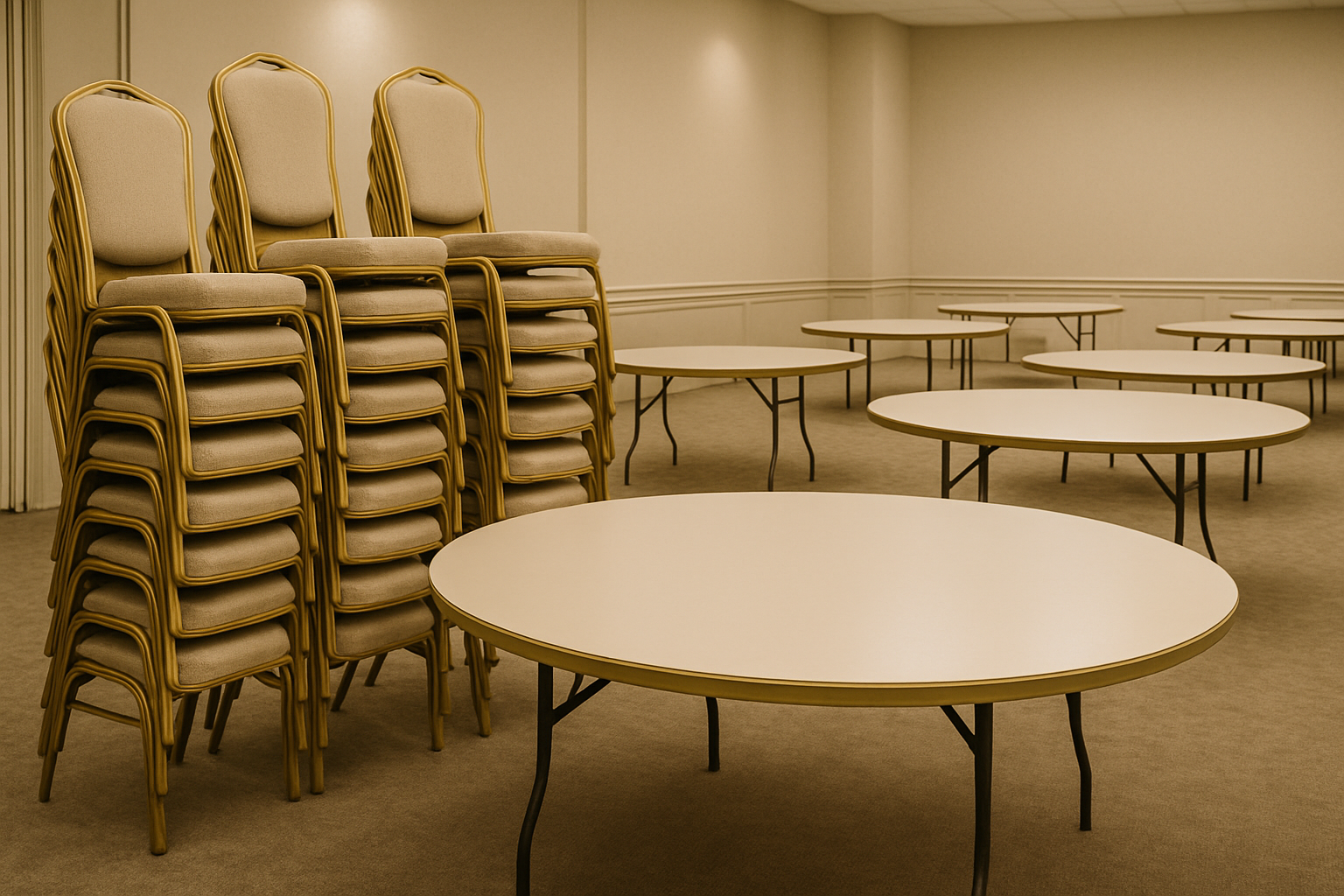 banquet chairs stacked next to round tables
