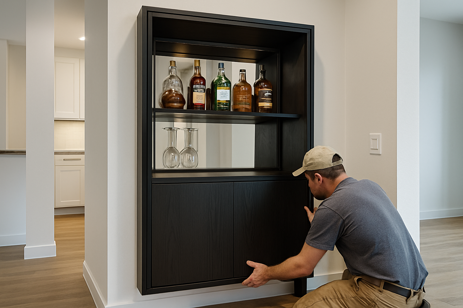 a sleek, custom-built bar cabinet being installed in a modern home