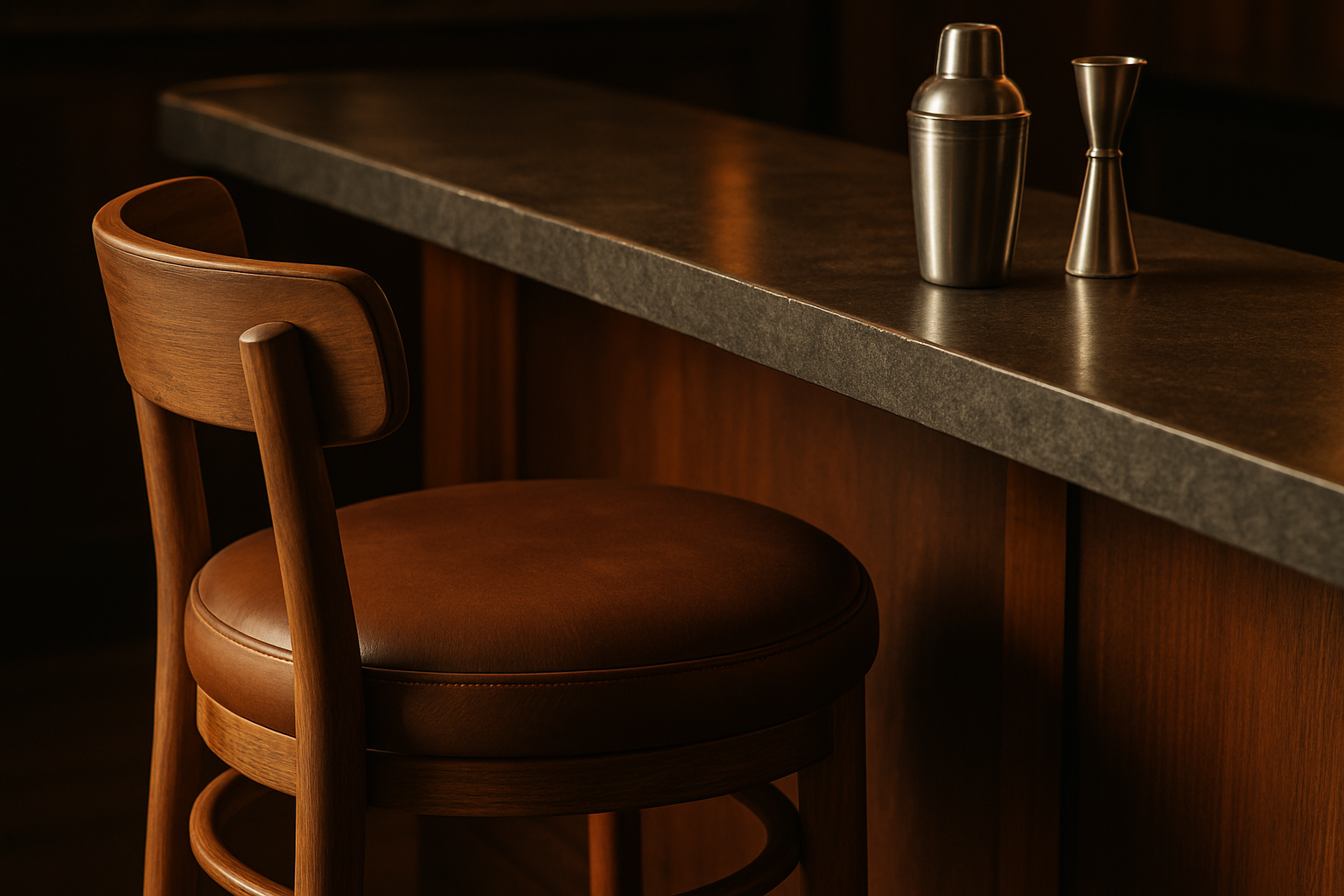 a close-up of a well-made bar stool next to a durable bar counter with bar tools on top