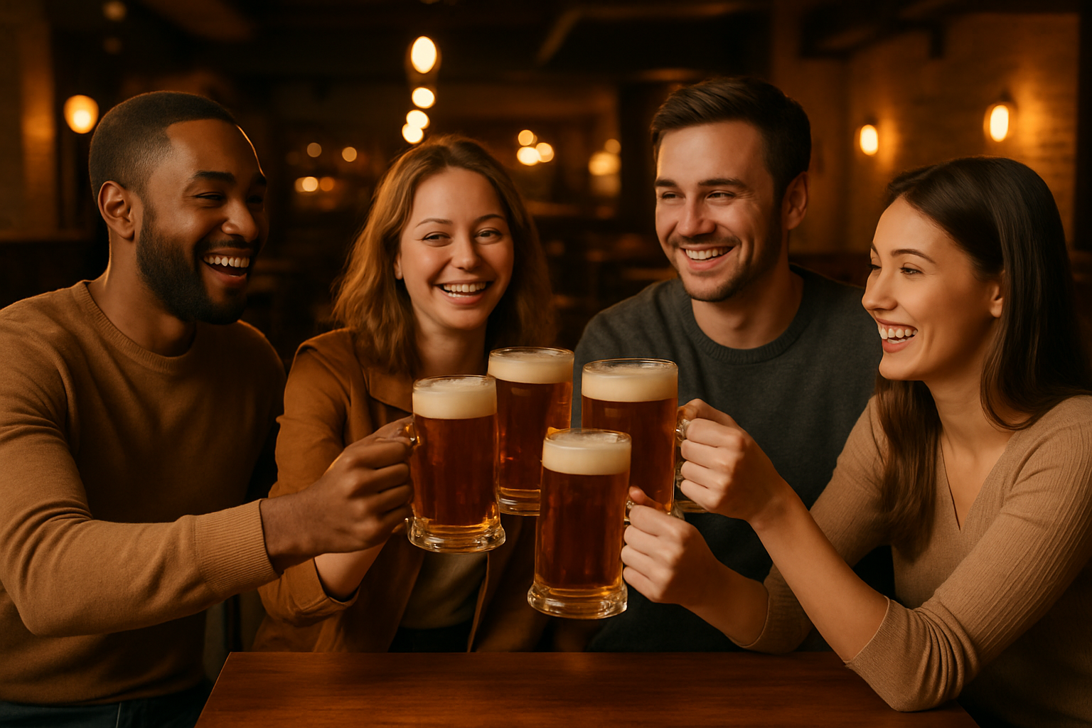 toast at a bar with warm lighting and organized seating