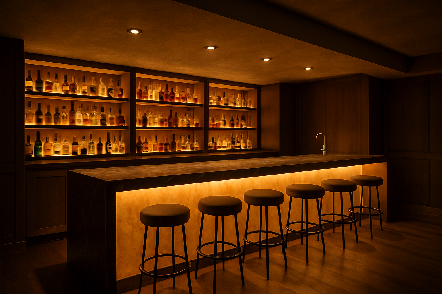 a stunning basement bar with a backlit counter and glowing shelves creating a warm, inviting atmosphere