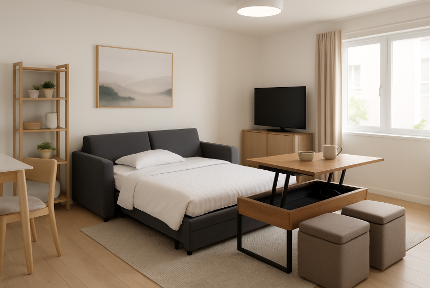 a modern rental apartment furnished with stylish, multi-functional furniture