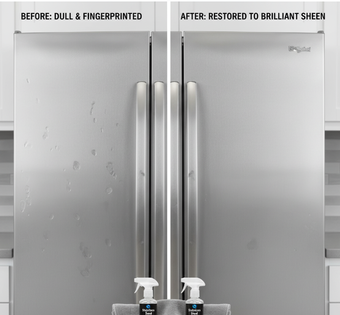 before-after of a dull stainless panel restored to sheen