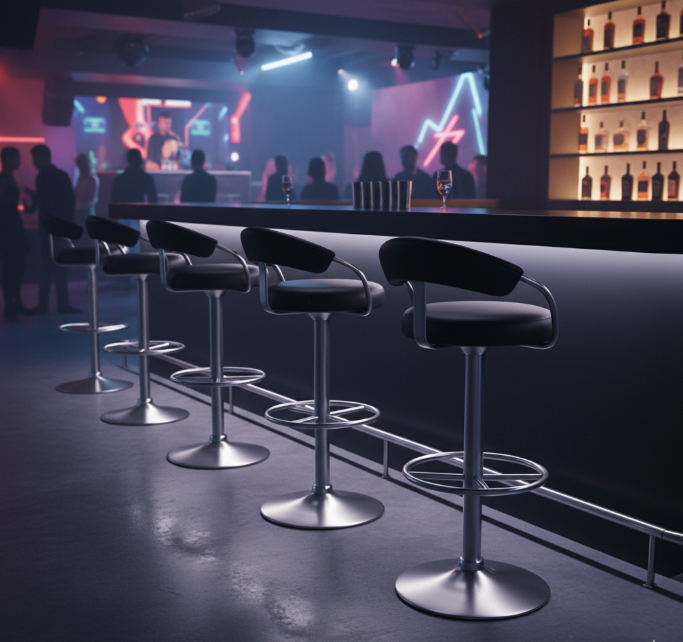 A row of sleek, modern nightclub bar stools with stainless steel bases and black leather seats