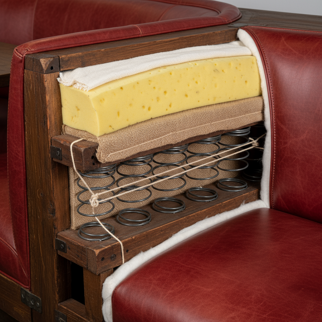 close-up of booth frame and upholstery layers