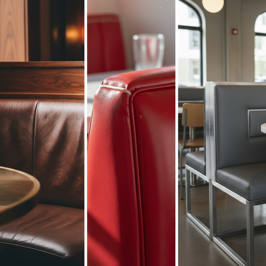 a collage of booth materials like wood, vinyl, and metal frames