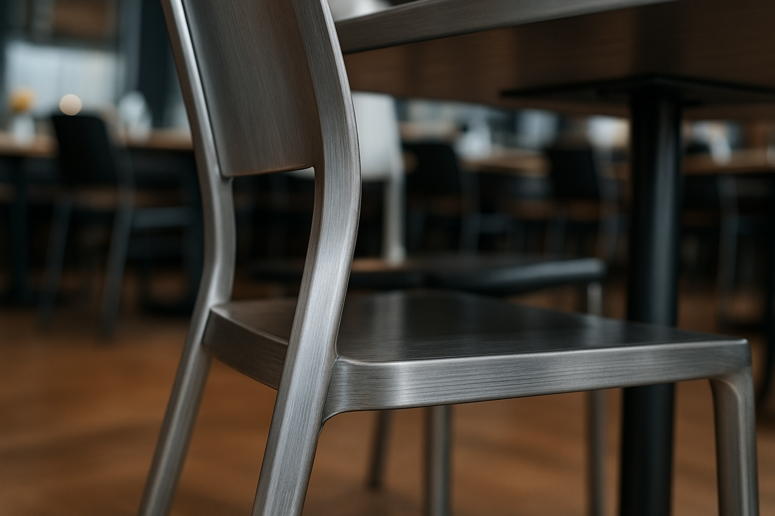 close-up of brushed stainless steel chair and table base in restaurant