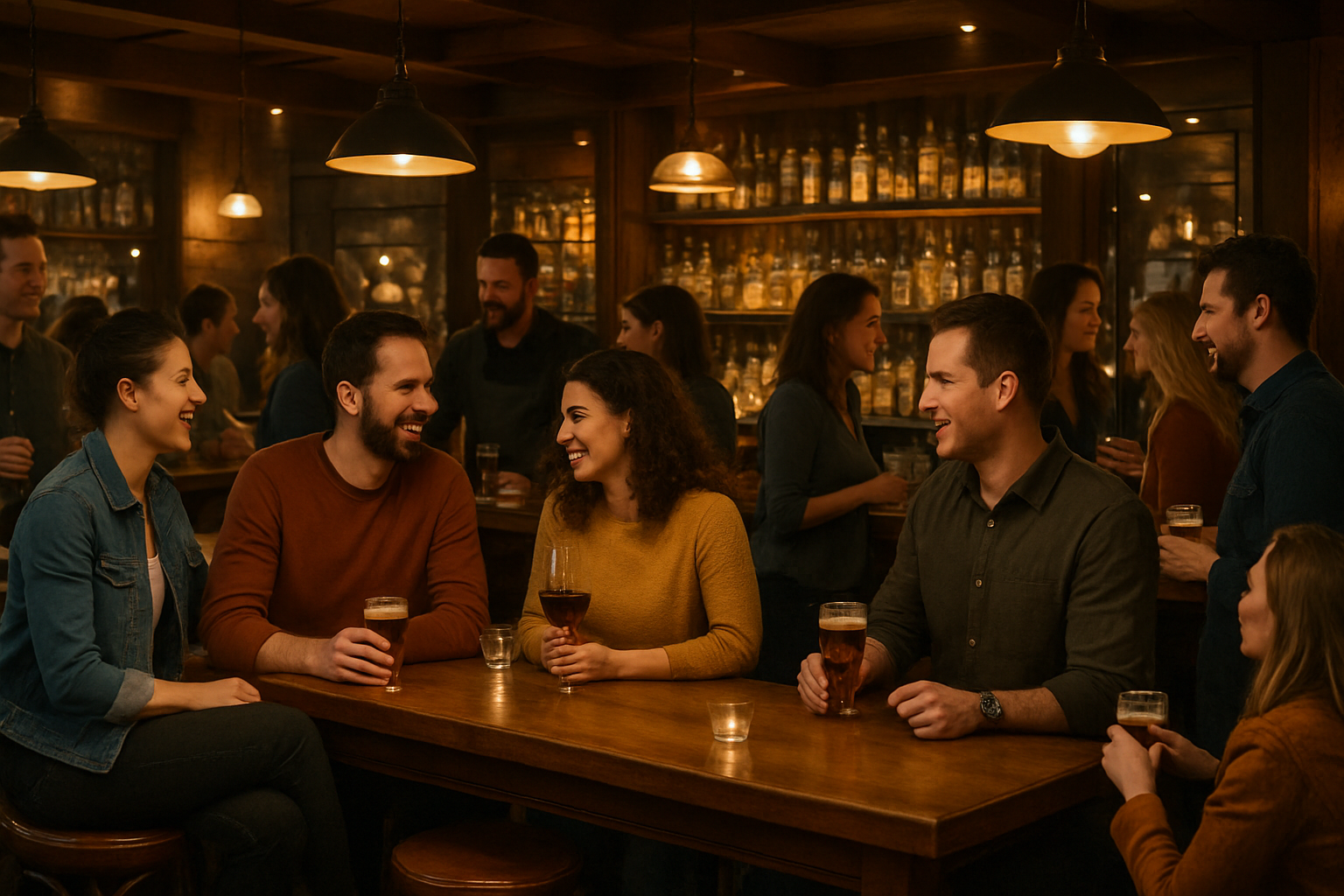 a bustling bar scene with patrons both sitting on stools at the bar and standing nearby, all easily interacting