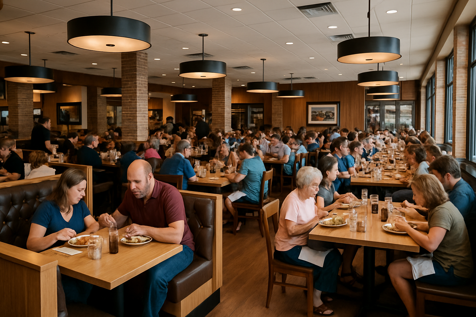 a bustling restaurant filled with custom-made booths, tables, and chairs from a manufacturer