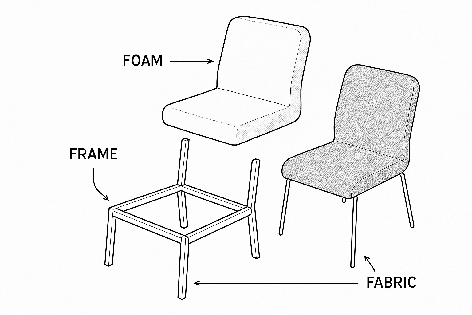 exploded diagram of chair with frame, foam, fabric