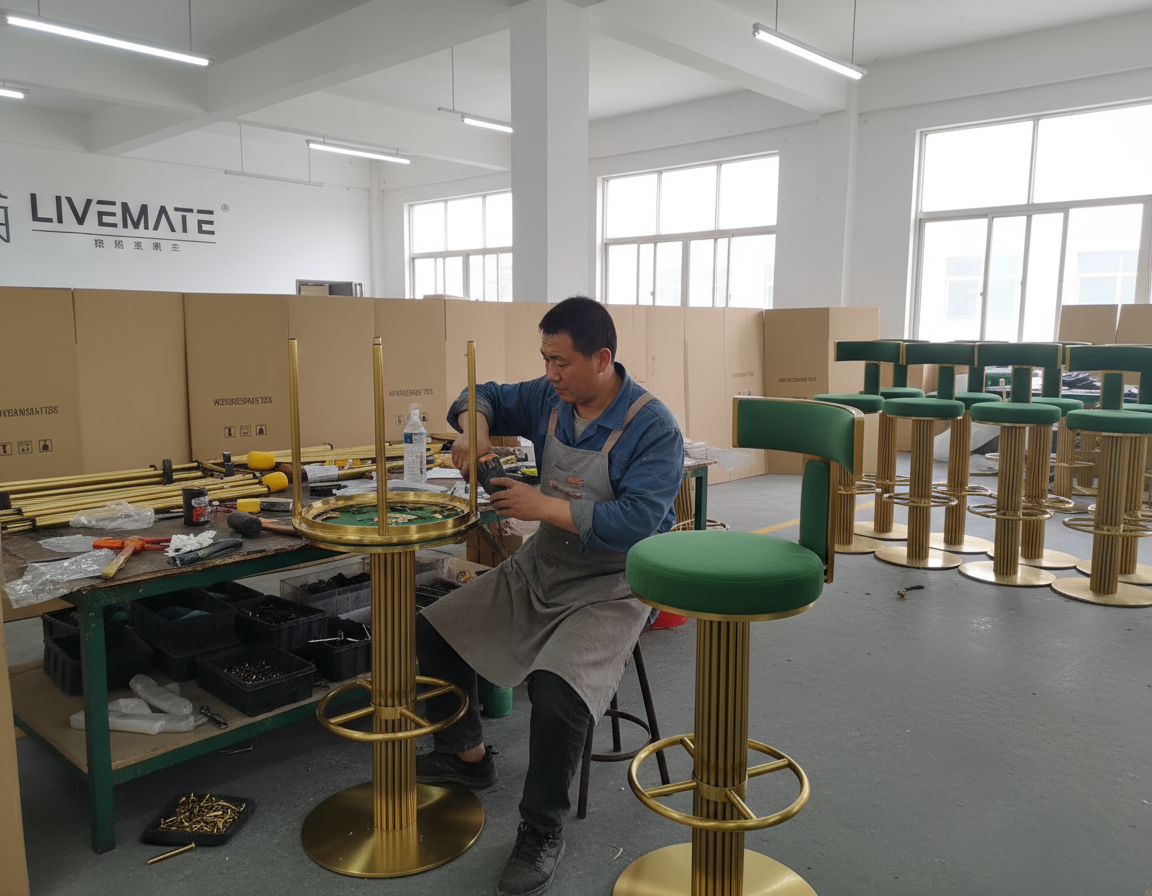 a LIVEMATE craftsman working on a custom bar chair in the factory workshop