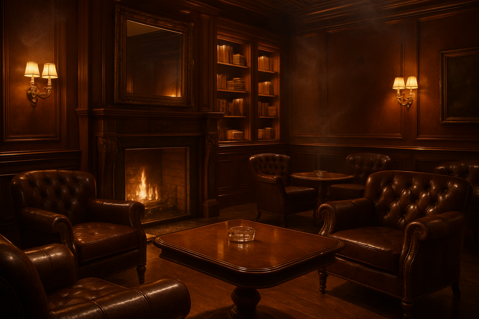 an elegant cigar lounge with deep leather armchairs and polished wood tables, creating a luxurious atmosphere