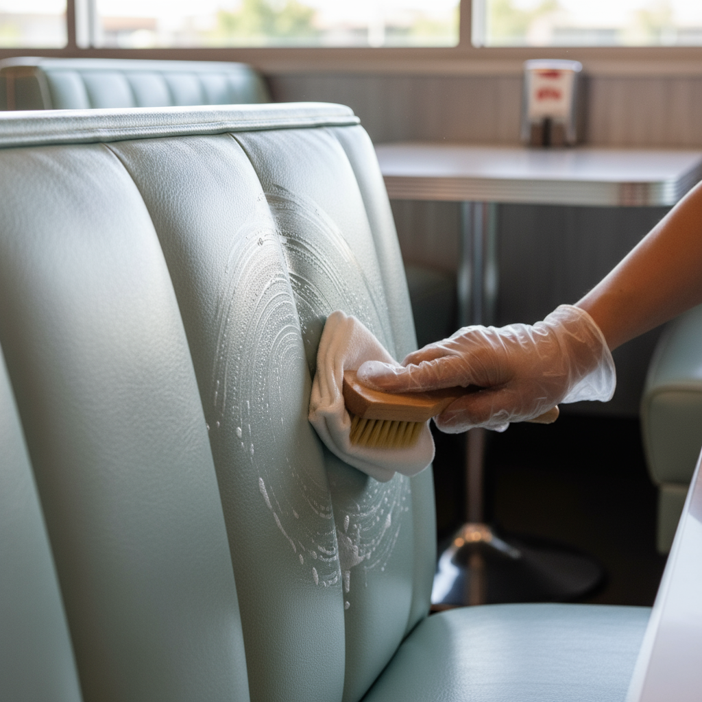 a close-up on a booth's vinyl upholstery and a person cleaning it