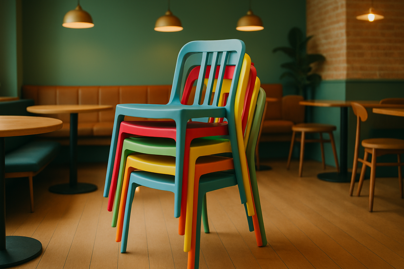 stack of colorful resin chairs in a cafe