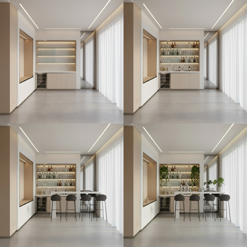 a step-by-step graphic showing space, a bar cabinet, stools, and finally decorations