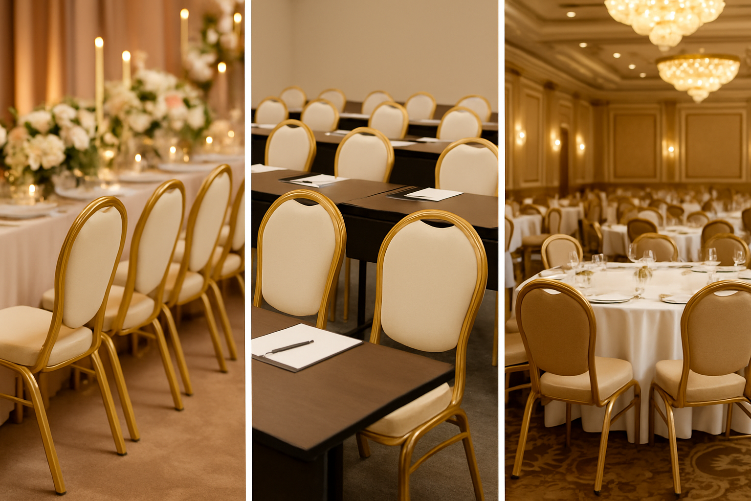 wedding, conference, banquet scenes with same chair model