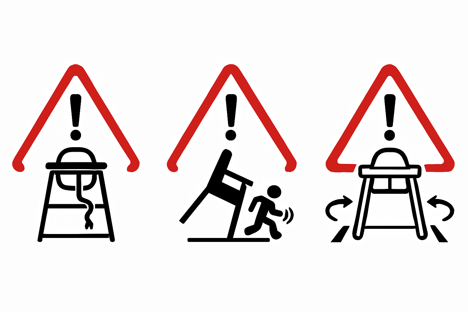 warning icons: loose strap, tippy base, blocked aisle